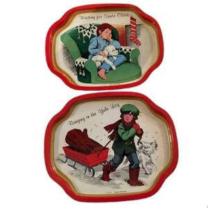 Vintage JSNY Christmas Tin Trays Set of 2 Waiting for Santa Yule Log Red Gold